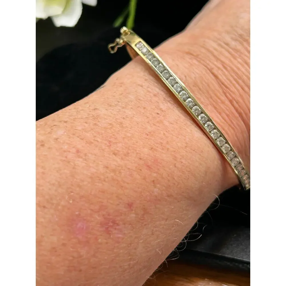 Gold Plated CZ Set Channel Bangle Bracelet 925 Sterling Hinged